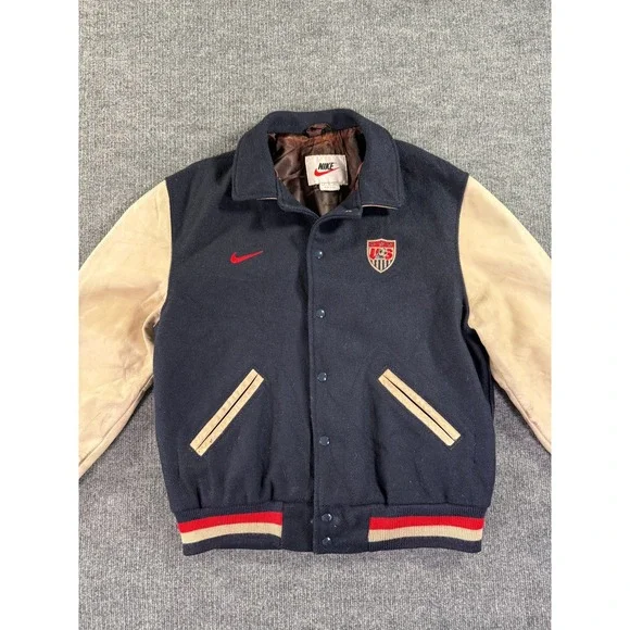 Vintage Nike US Soccer Varsity Jacket Mens Small Navy Blue Wool Leather Sleeves - Picture 3 of 16